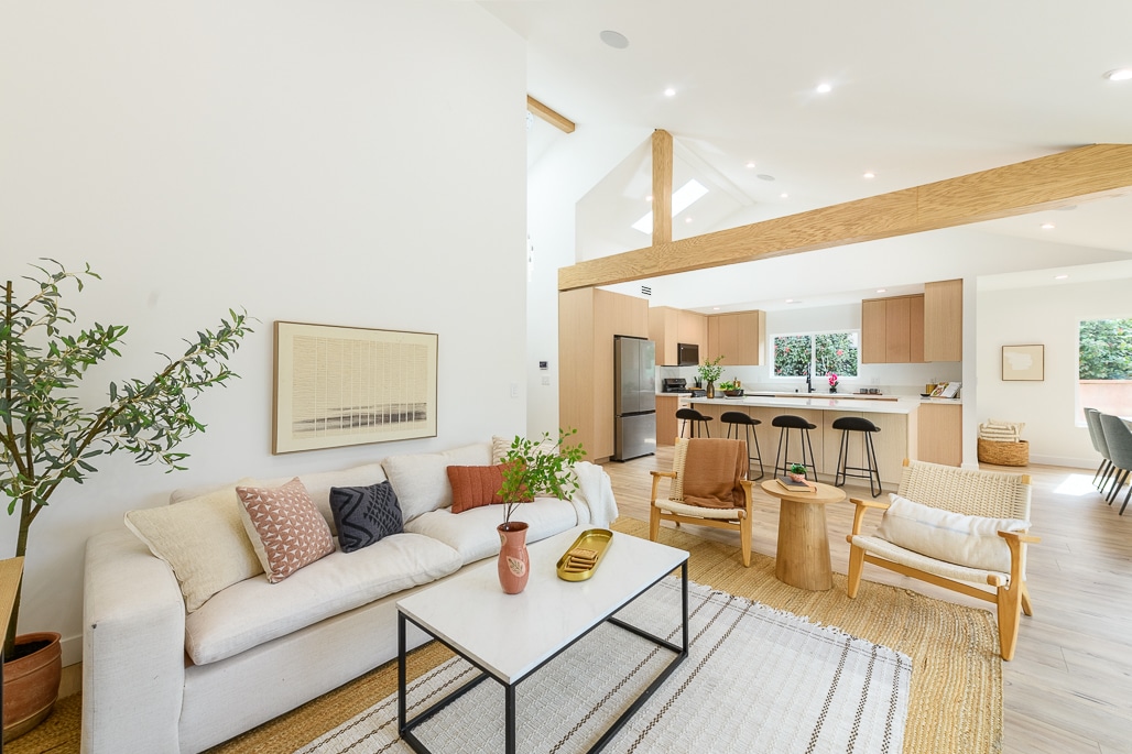 Open-plan living room and kitchen after a full remodel — Cantaloupe Ave project, Van Nuys